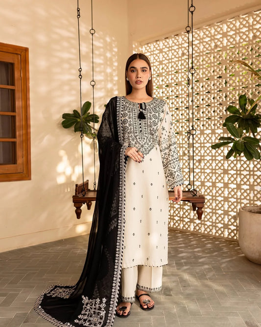 3 pc ARFA Embroidered Co Ords with Chiffon dupatta