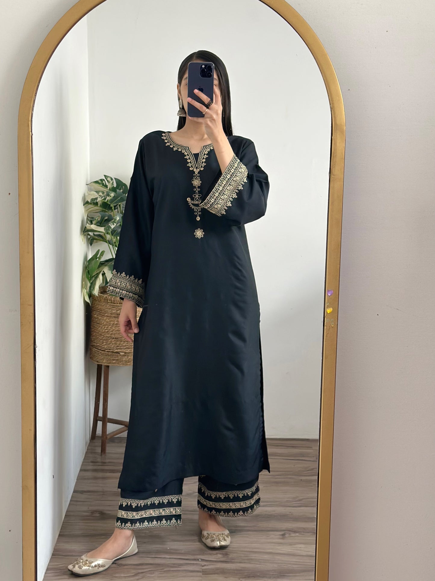 # - 2 pc Aisha’s Attire Iris Black Long Length Co Ords (Shirt with Fully Embroidered Plazo)