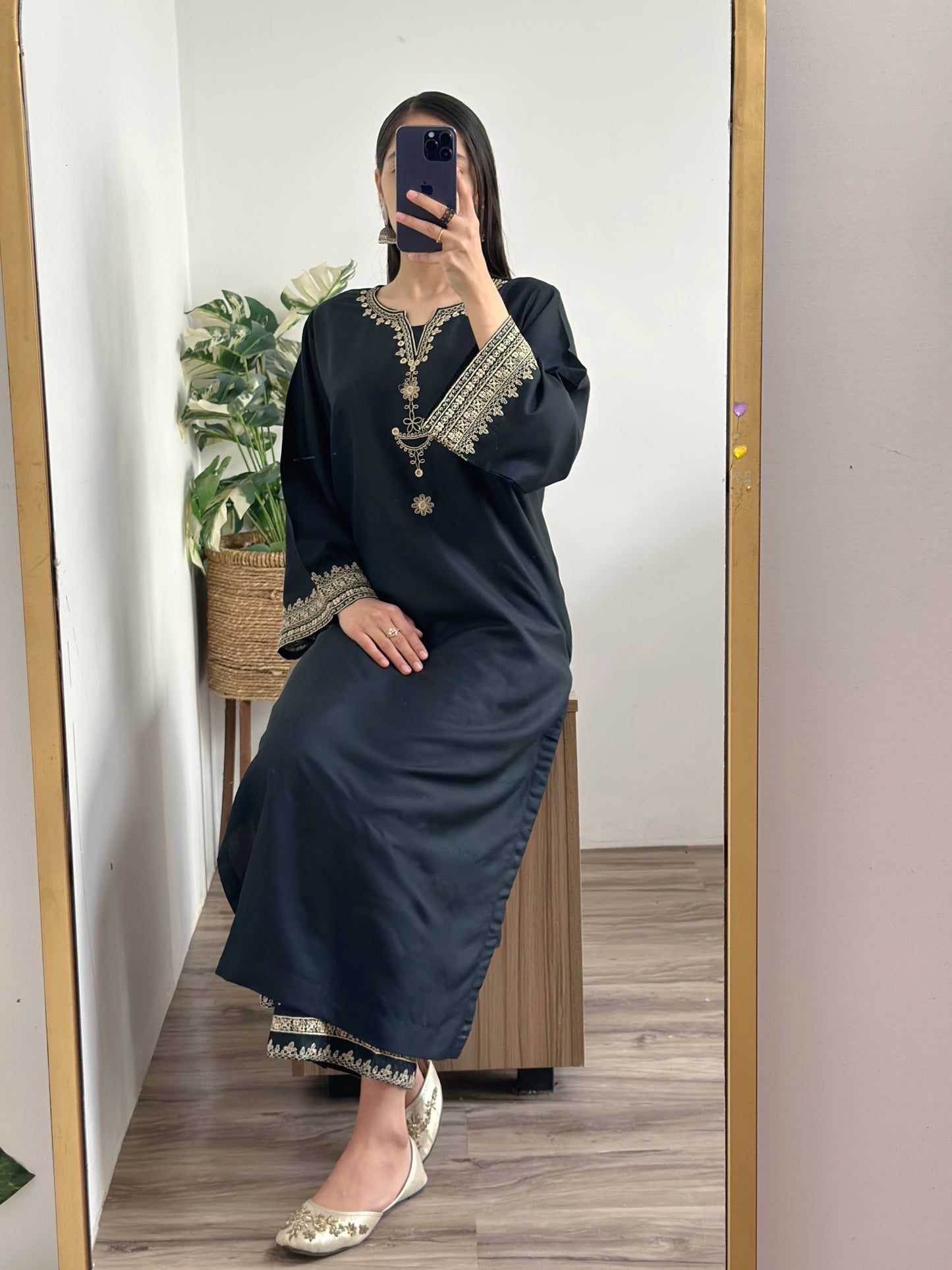 # - 2 pc Aisha’s Attire Iris Black Long Length Co Ords (Shirt with Fully Embroidered Plazo)