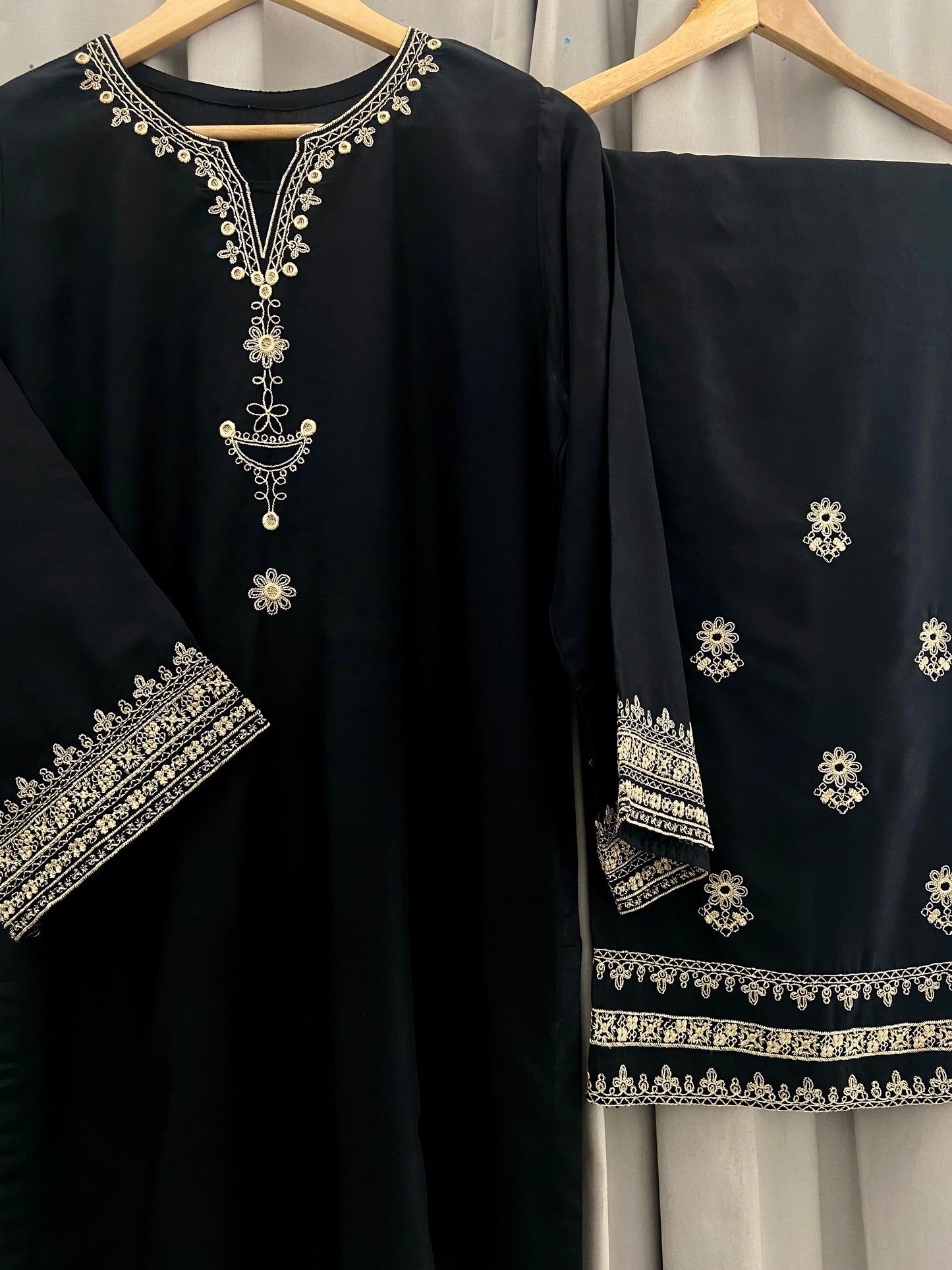# - 2 pc Aisha’s Attire Iris Black Long Length Co Ords (Shirt with Fully Embroidered Plazo)