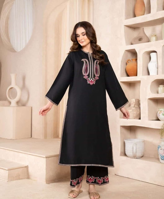 2 pc BLACK ROSE Embroidered Co Ords (Arabic Lawn)