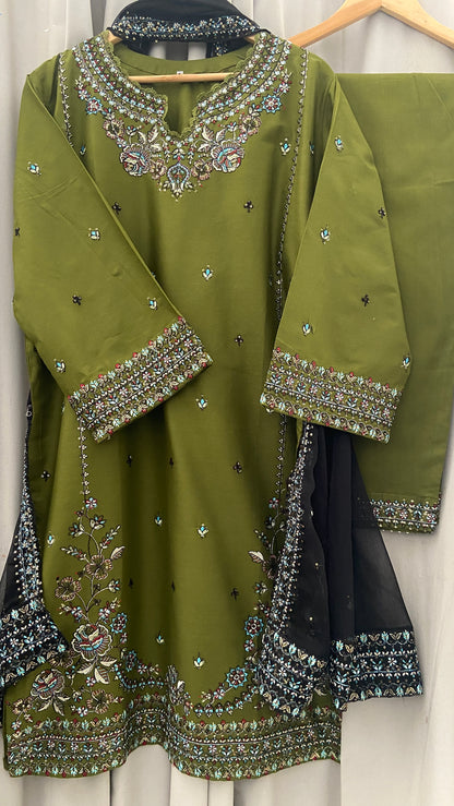 3 pc EZZAH Embroidered Co Ords with chiffon dupatta